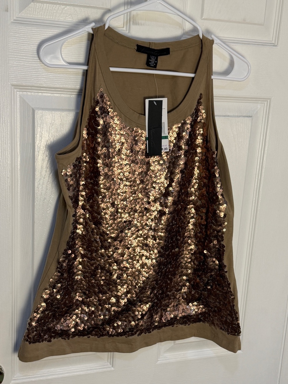 Kenneth Cole Rose Gold Sequin Front Tank - Olive Back L NWT